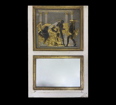 Fondosala in legno laccato bianco con pannello in gesso policromo neoclassico