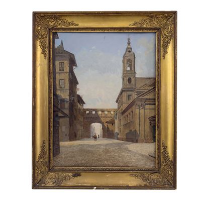 Autore non identificato, Veduta della chiesa della Traspontina a Borgo, olio su tela