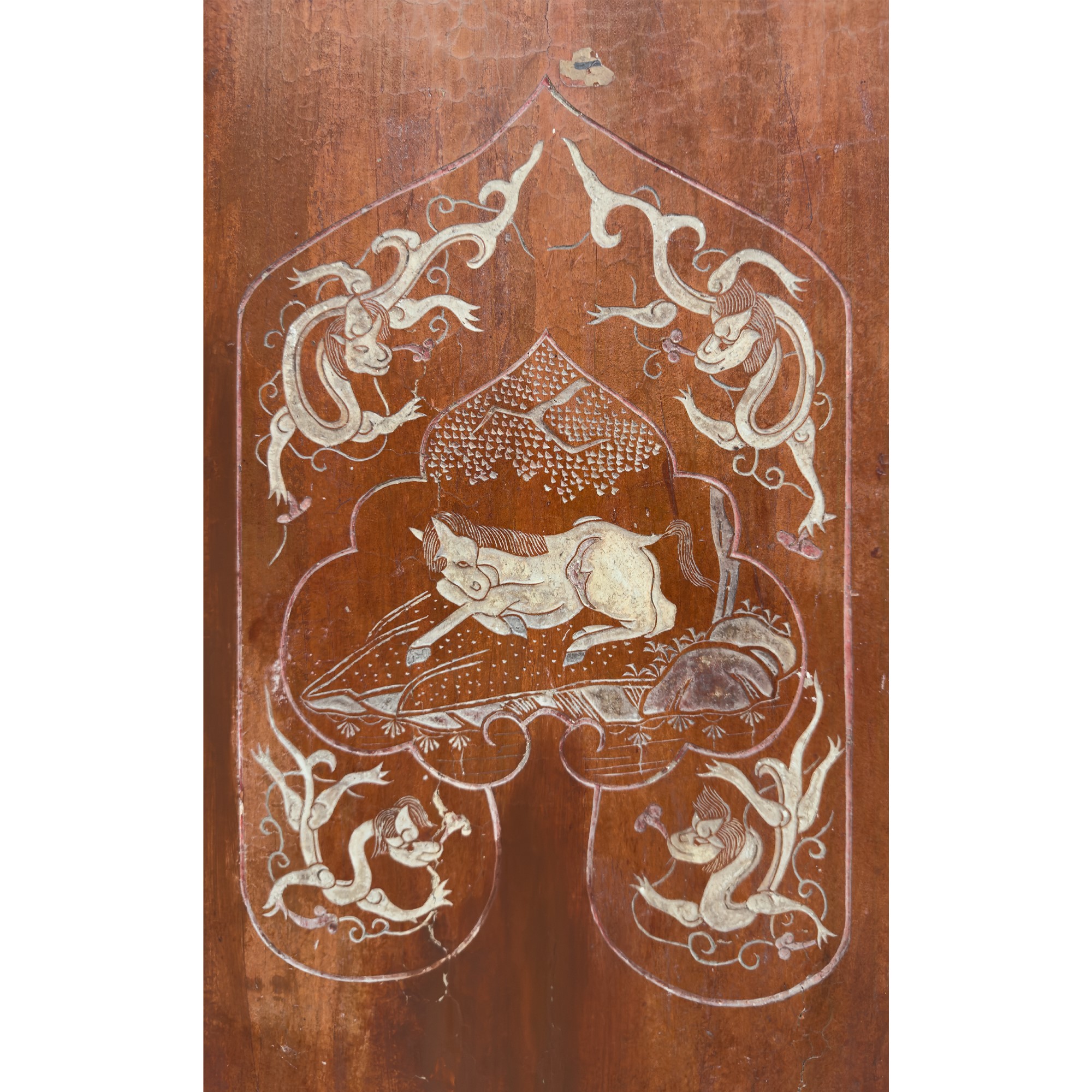 Paravento cinese a otto ante in legno tinto marrone, decorato con ideogrammi e scene di vita quot...