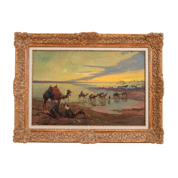 Edouard Doigneau, Carovana al tramonto vicina alle rive allagate del Nilo