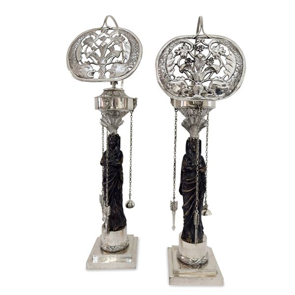 Coppia di lucerne in bronzo patinato e argento, Roma, Antonio Cappelletti (1803-1838)