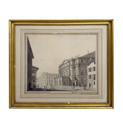 W. Grund, Veduta del Teatro alla Scala di Milano, disegno a penna, inchiostro e acquarello, 1833