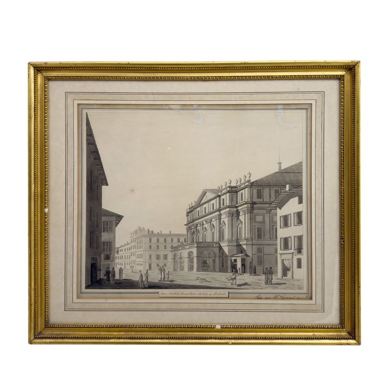 W. Grund, Veduta del Teatro alla Scala di Milano, disegno a penna, inchiostro e acquarello, 1833