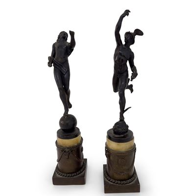 Scultore neoclassico, Coppia di sculture in bronzo patinato raffiguranti Mercurio Volante e Fortu...