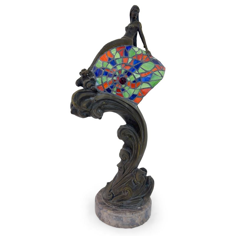 Lampada da tavolo in bronzo patinato con figura di sirena