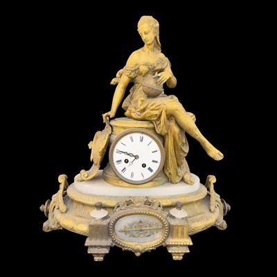 Pendola in metallo dorato e alabastro, Allegoria della Geografia, Francia, fine del XIX secolo