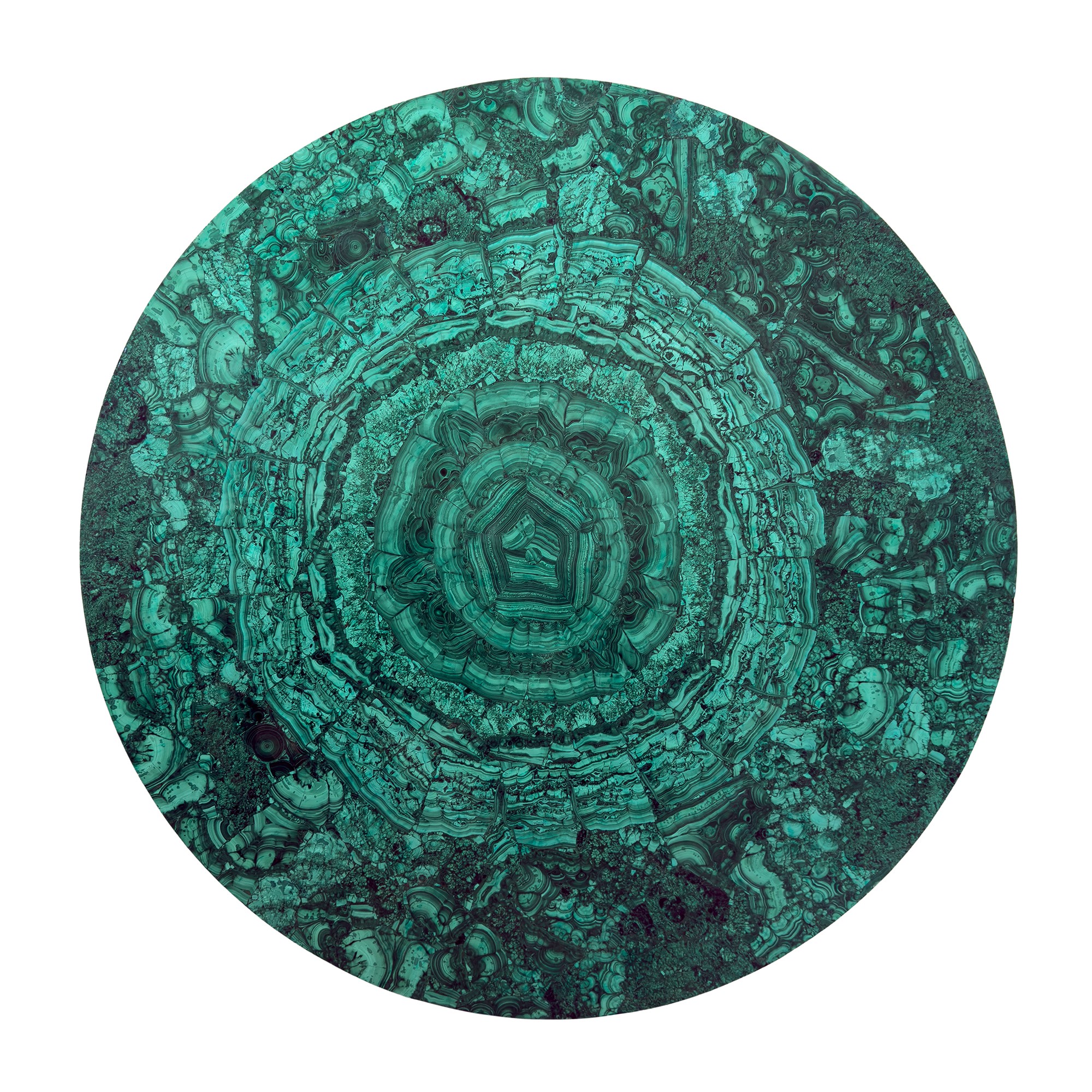 Tavolo con piano circolare in legno placcato in malachite e sostegno in bronzo dorato