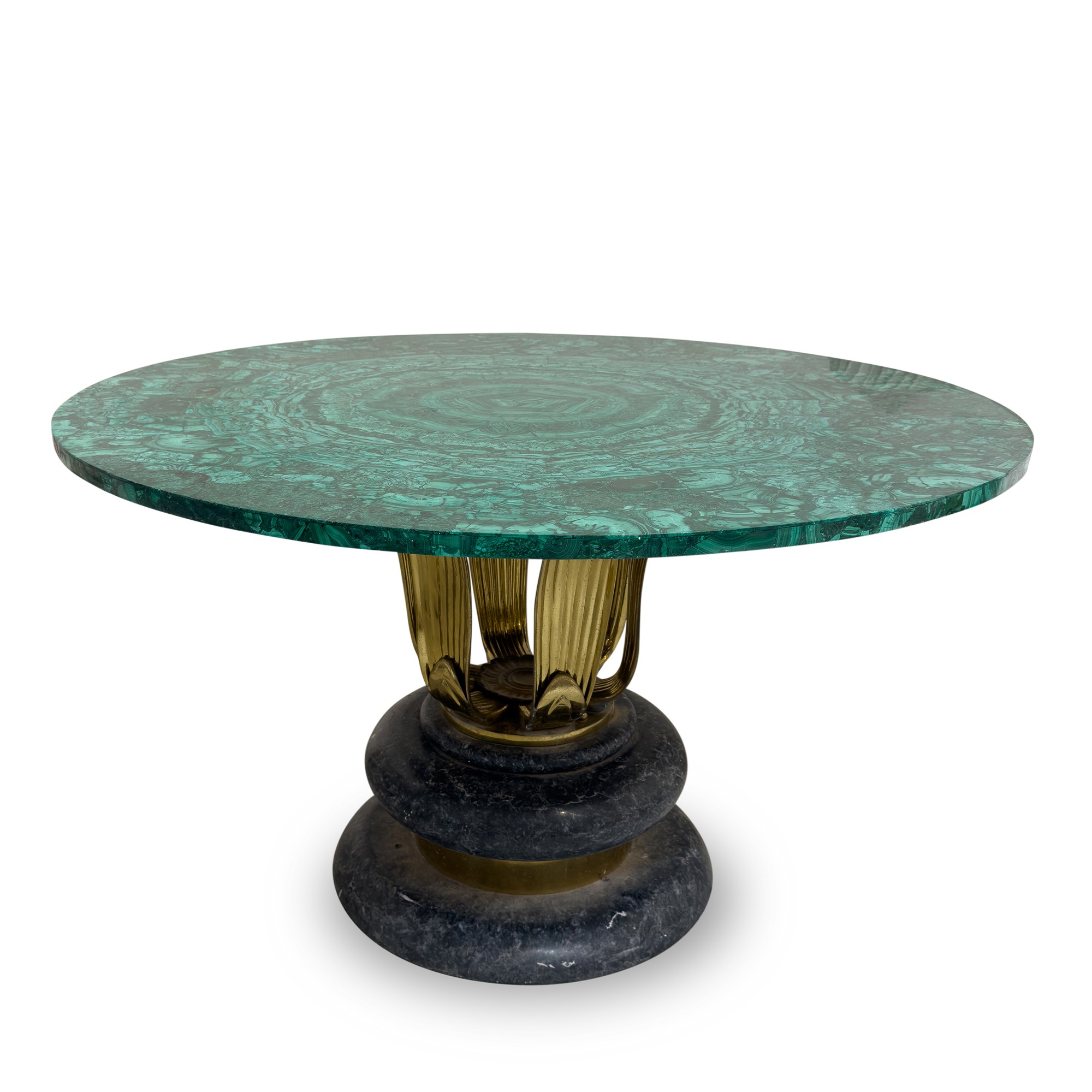 Tavolo con piano circolare in legno placcato in malachite e sostegno in bronzo dorato