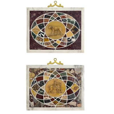 Placche in marmo bianco intarsiate con marmi policromi, Marco Aurelio e Lupa Capitolina