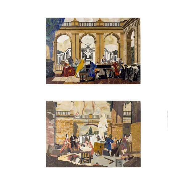 Coppia di pannelli rettangolari intarsiati in marmi policromi