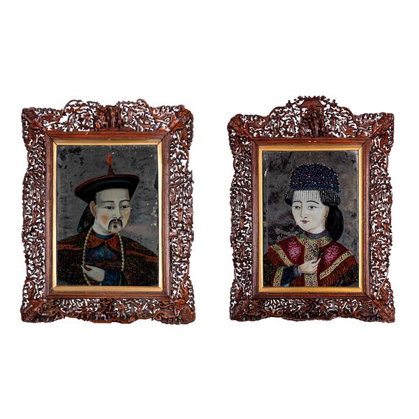 Coppia di dipinti su specchio, dinastia Qing, fine del XIX secolo