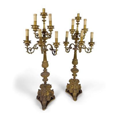 Coppia di flambeaux in bronzo e metallo dorato, sei luci, XIX secolo
