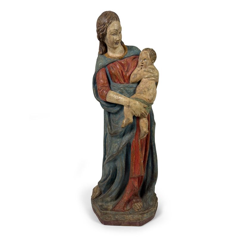 Grande gruppo scultoreo in legno policromo raffigurante la Vergine col Bambino, XVIII/XIX secolo