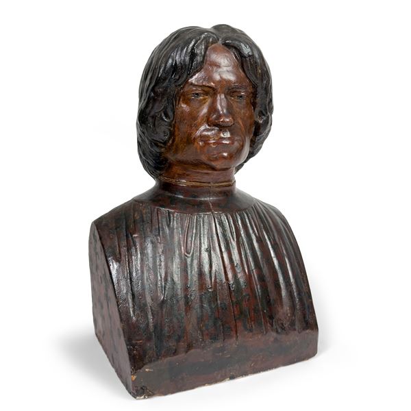 Busto di Lorenzo de' medici in terracotta patinata, fine del XIX secolo