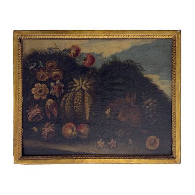 Pittore del XIX secolo, Natura morta con fiori e frutta e coniglio