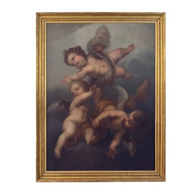Pittore del XVIII secolo, Volo di cherubini, olio su tela