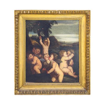 Pittore del XVII secolo, La raccolta delle mele, olio su tela