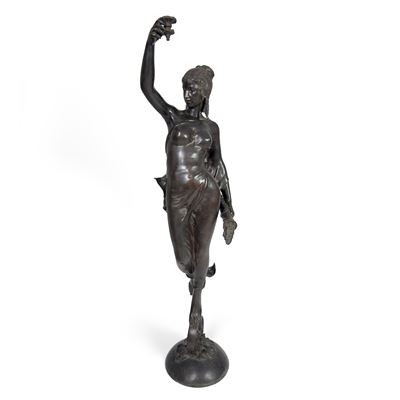 Lampada da terra in bronzo patinato, figura della Fortuna, inizi del XX secolo