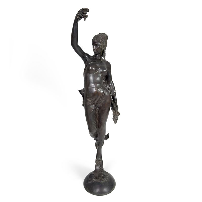 Lampada da terra in bronzo patinato, figura della Fortuna, inizi del XX secolo