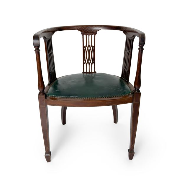 Poltroncina in mogano filettato in acero, Inghilterra, XIX secolo