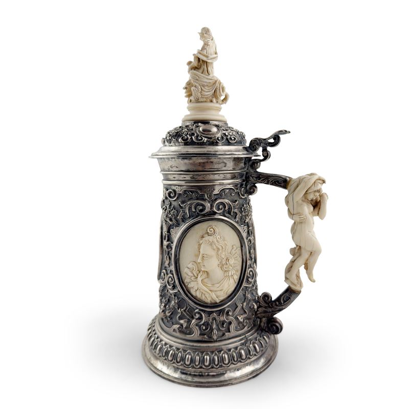 Tankard in argento, argento dorato e avorio, Germania, XIX secolo