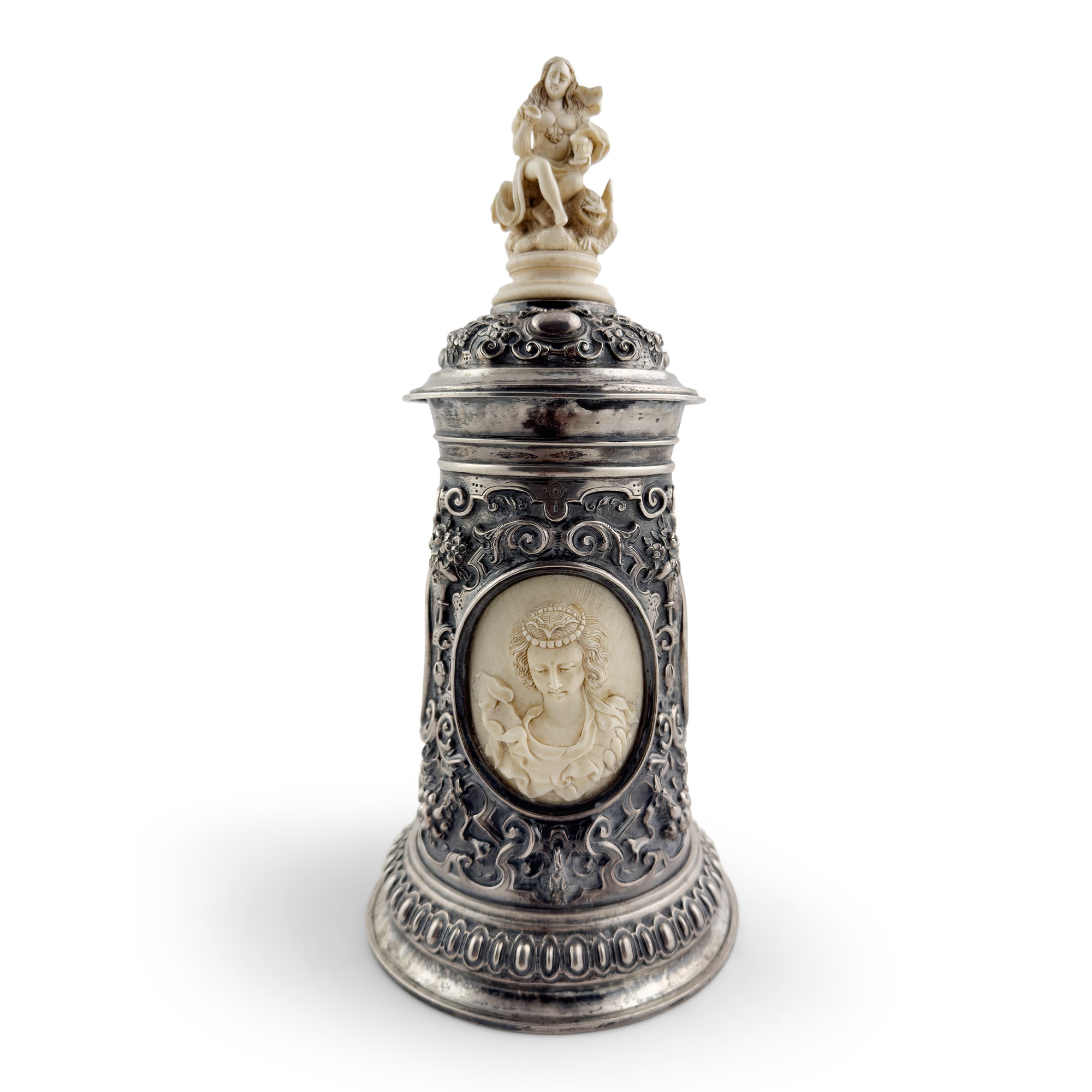Tankard in argento, argento dorato e avorio, Germania, XIX secolo