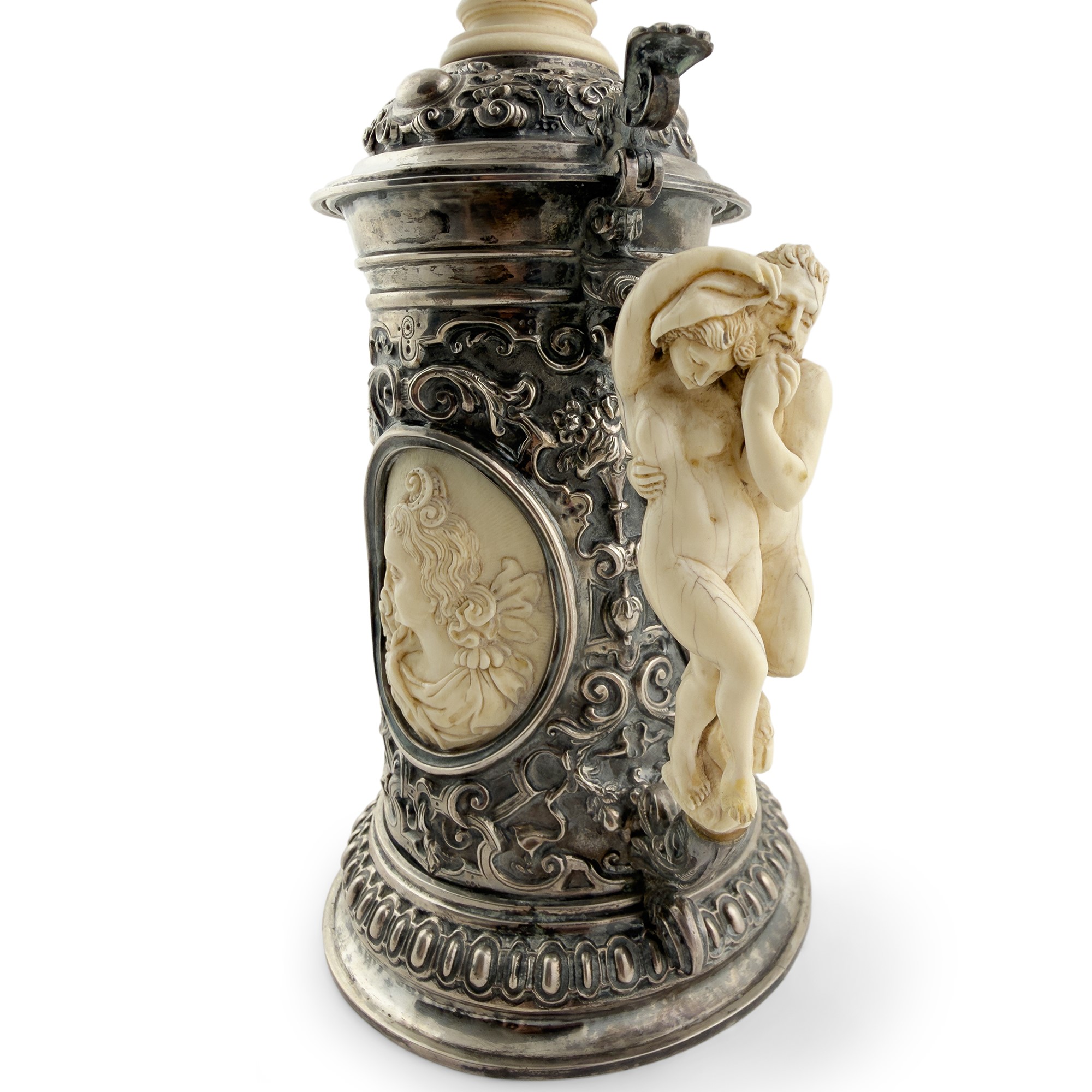 Tankard in argento, argento dorato e avorio, Germania, XIX secolo