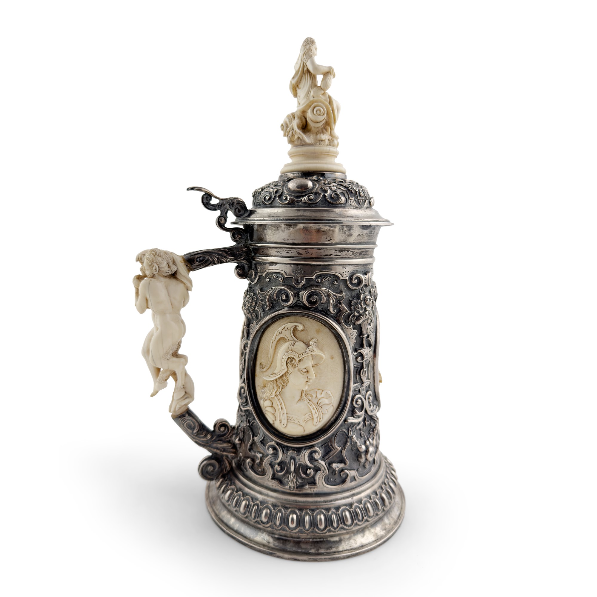 Tankard in argento, argento dorato e avorio, Germania, XIX secolo