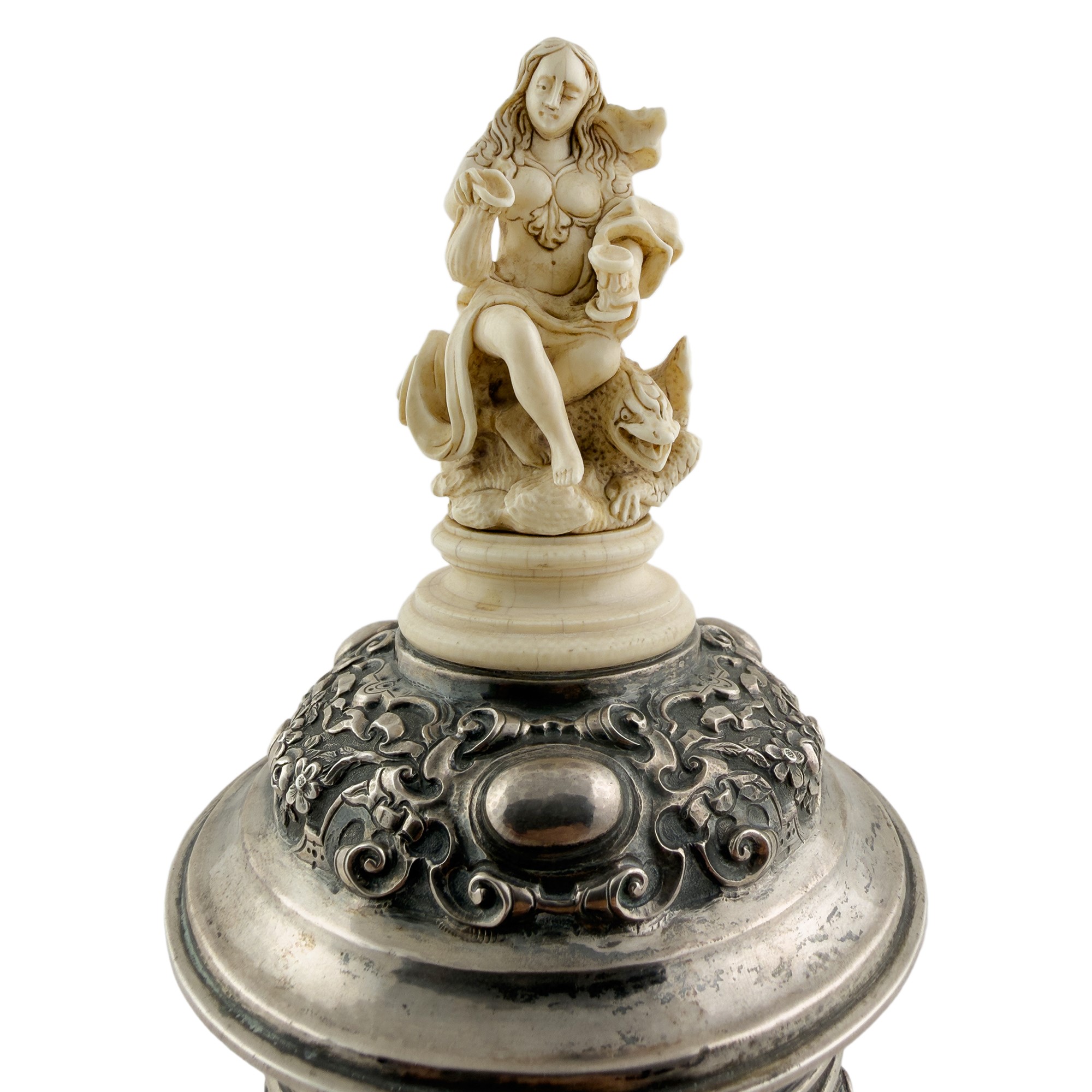 Tankard in argento, argento dorato e avorio, Germania, XIX secolo