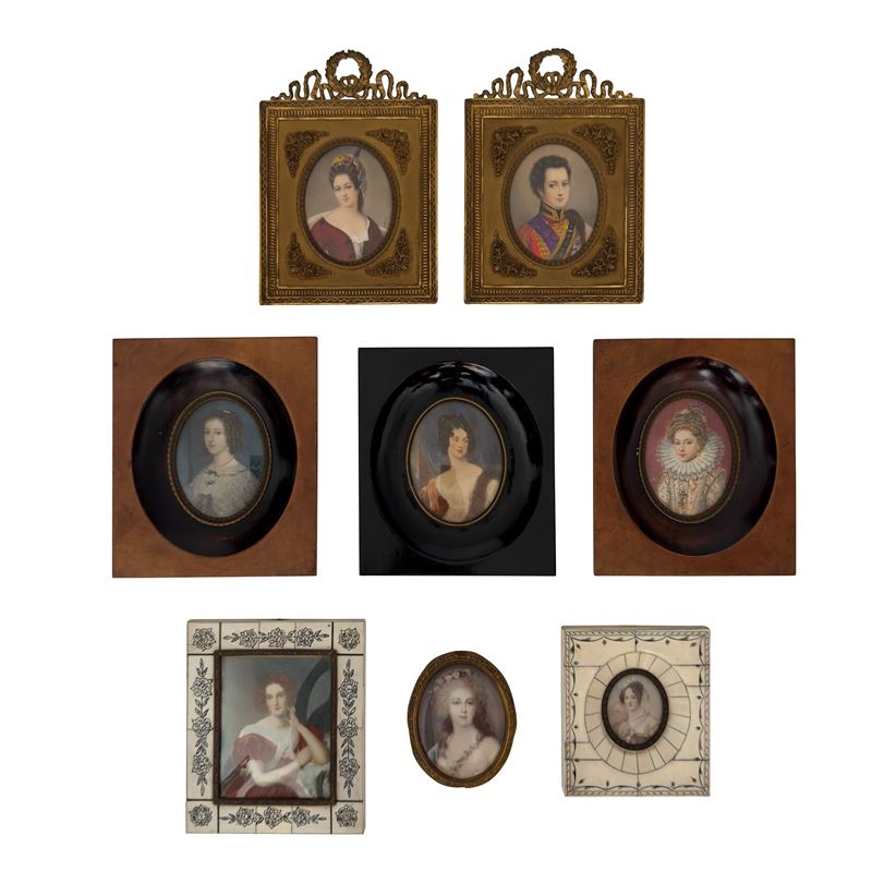 Collezione di otto miniature, ritratti di aristocratici, inizio XX secolo