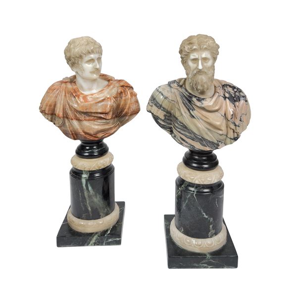 Due busti di imperatori romani in marmo bianco e policromo