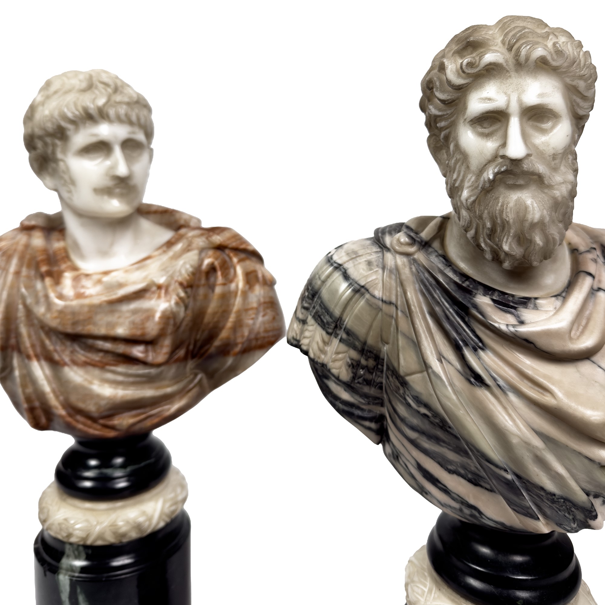 Due busti di imperatori romani in marmo bianco e policromo
