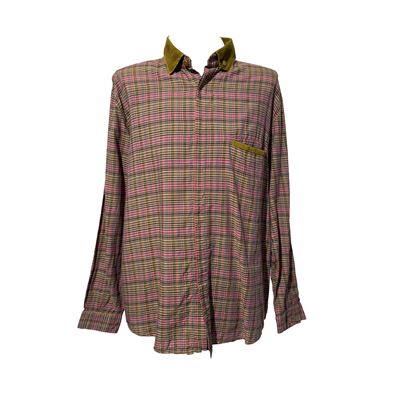 Gianni Versace, camicia da uomo in cotone a quadretti con collo in velluto a costine, taglia 48 (...