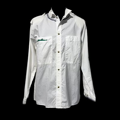 Camicia in cotone bianco con inserti blu e verde, bottoni automatici, taglia IT 50