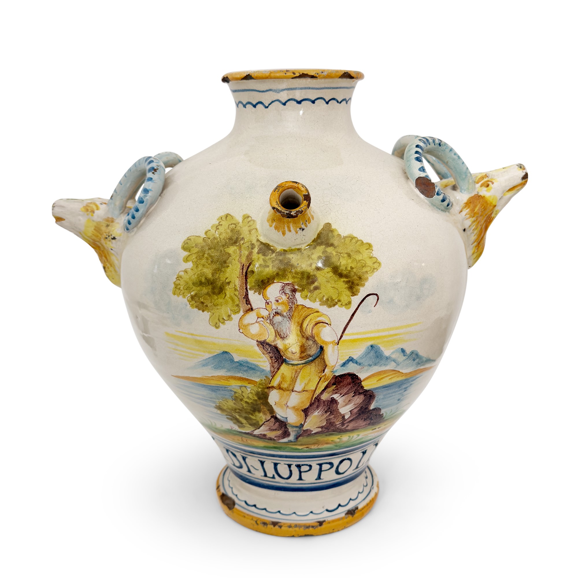 Due versatoi in maiolica bianca e policroma