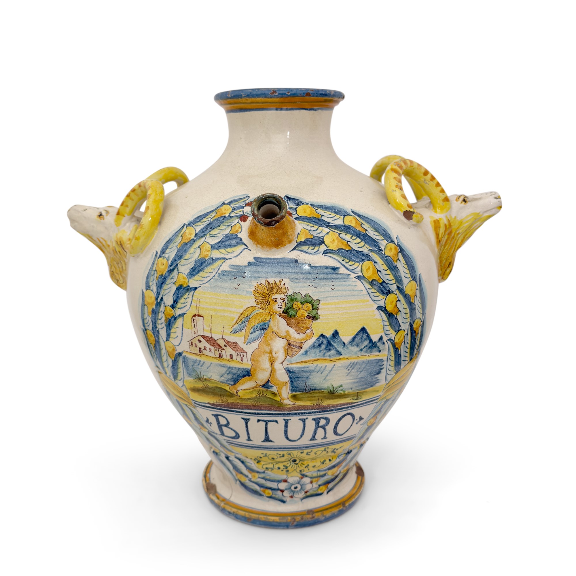 Due versatoi in maiolica bianca e policroma