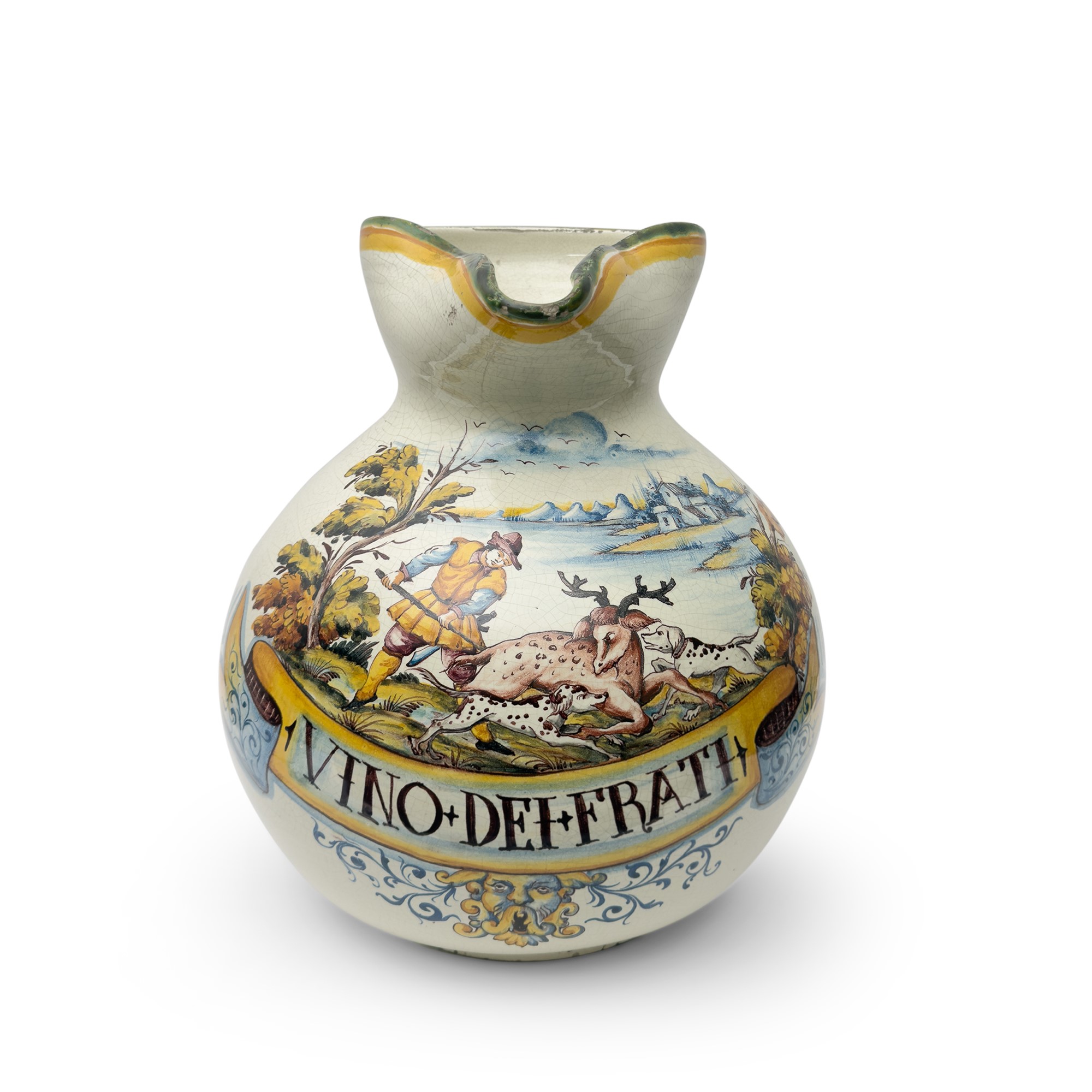 Grande brocca in maiolica bianca e policroma