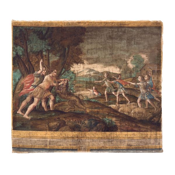 Scena di caccia al leone, grande succo d'erba, XVIII secolo