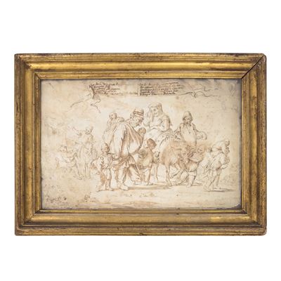 Autore anonimo, Soggetto caricaturale con Pulcinella e figure, disegno a inchiostro su carta, XVI...