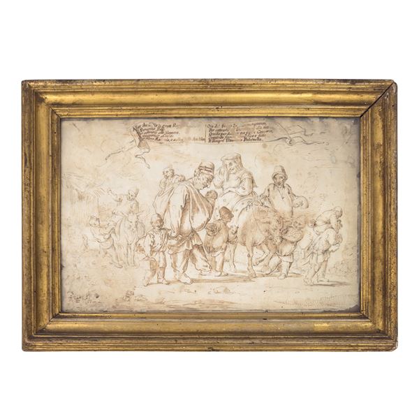 Soggetto caricaturale con Pulcinella e figure, disegno a inchiostro su carta, XVIII secolo