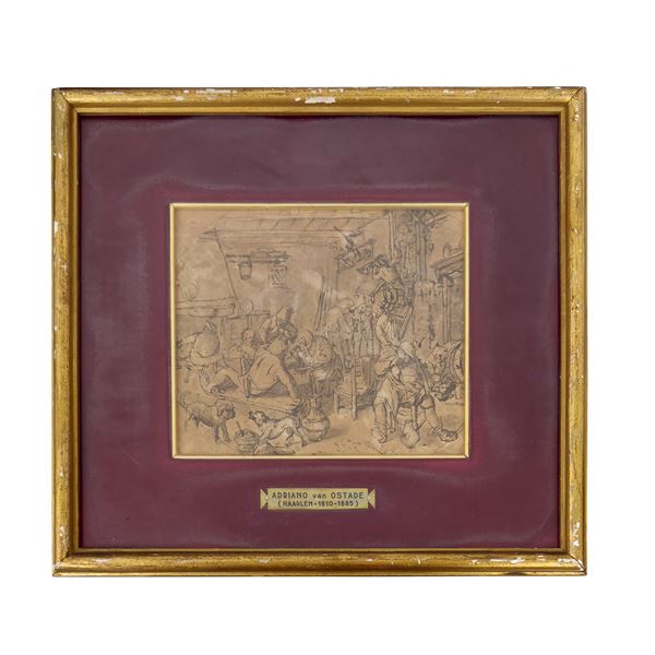 Interno di osteria da Adriaen Van Ostade, disegno a inchiostro su carta, XVII secolo