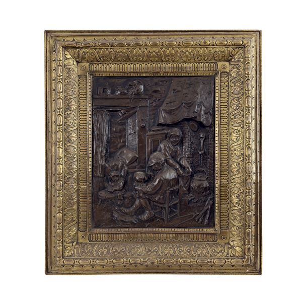 Scena d'interno, altorilievo in metallo patinato
