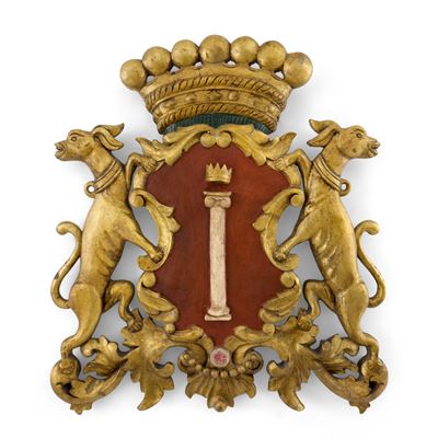 Stemma nobiliare, legno dorato e laccato, cm. 59x55