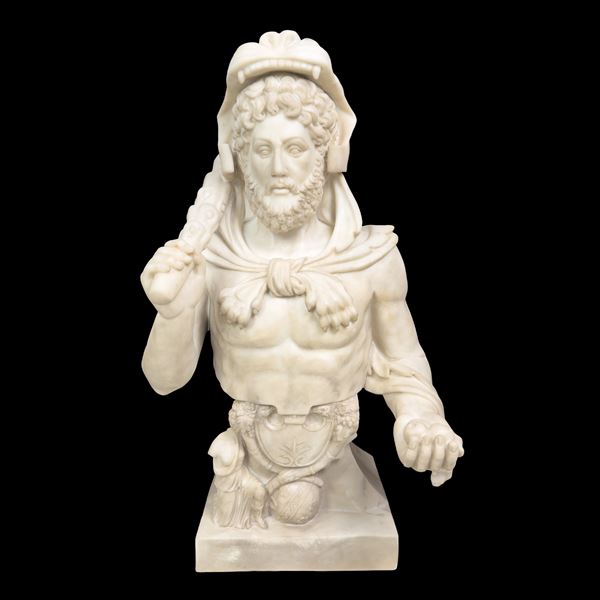Busto dell'imperatore Commodo con gli attributi di Ercole, scultura in marmo bianco