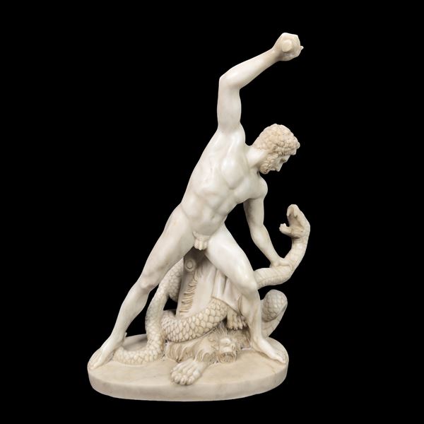 Ercole combatte contro Acheloo tramutatosi in serpente, gruppo in marmo bianco