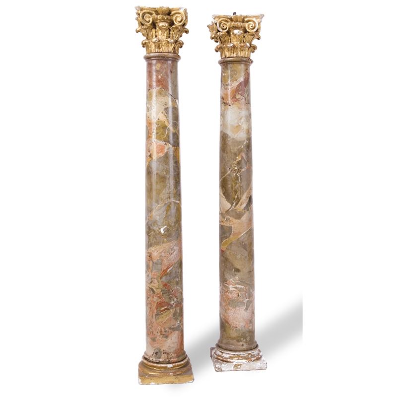 Coppia di colonne in diaspro con capitello composito e plinto in legno dorato, Roma, XIX secolo