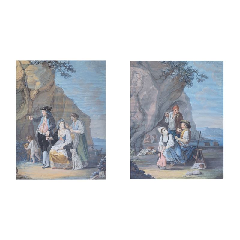 Alessandro D'Anna (attribuito), Scene in costume popolare con figure di bevitori, gouache su cart...