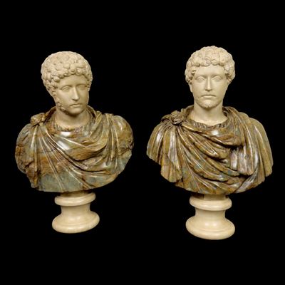Coppia di busti di imperatore, marmo statuario e onice, cm 56x42