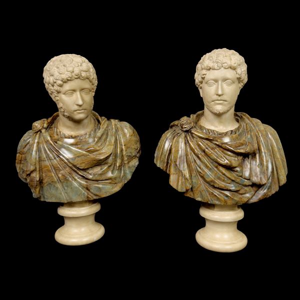 Coppia di eleganti busti di imperatore in marmo statuario e onice