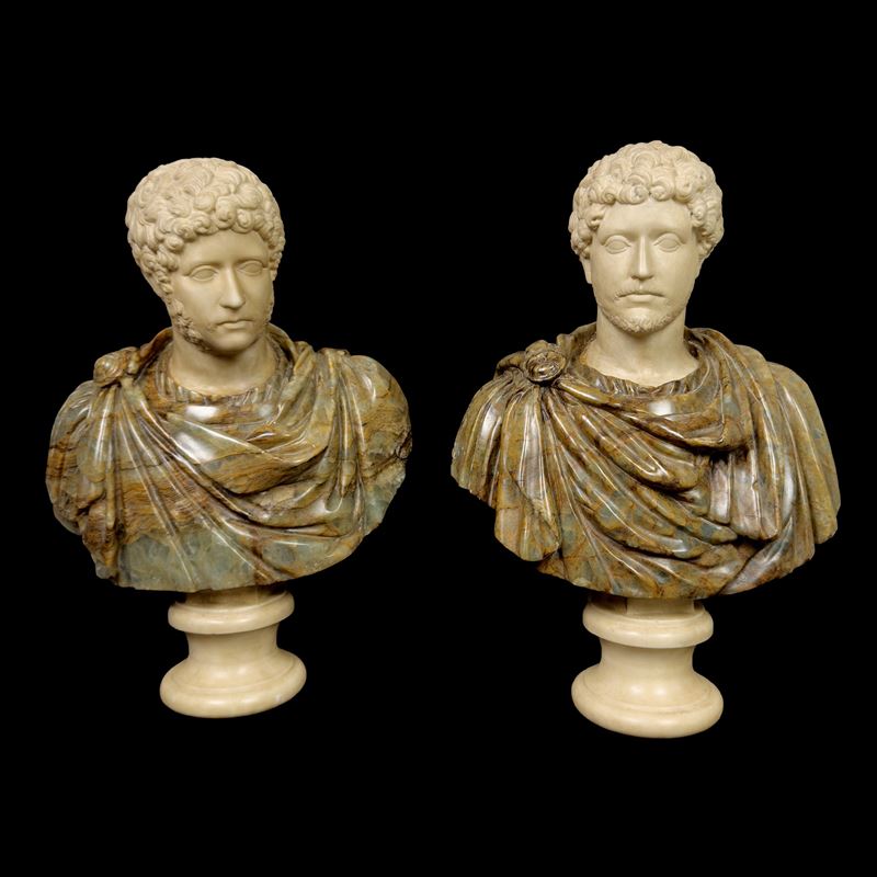 Coppia di busti di imperatore, marmo statuario e onice, cm 56x42